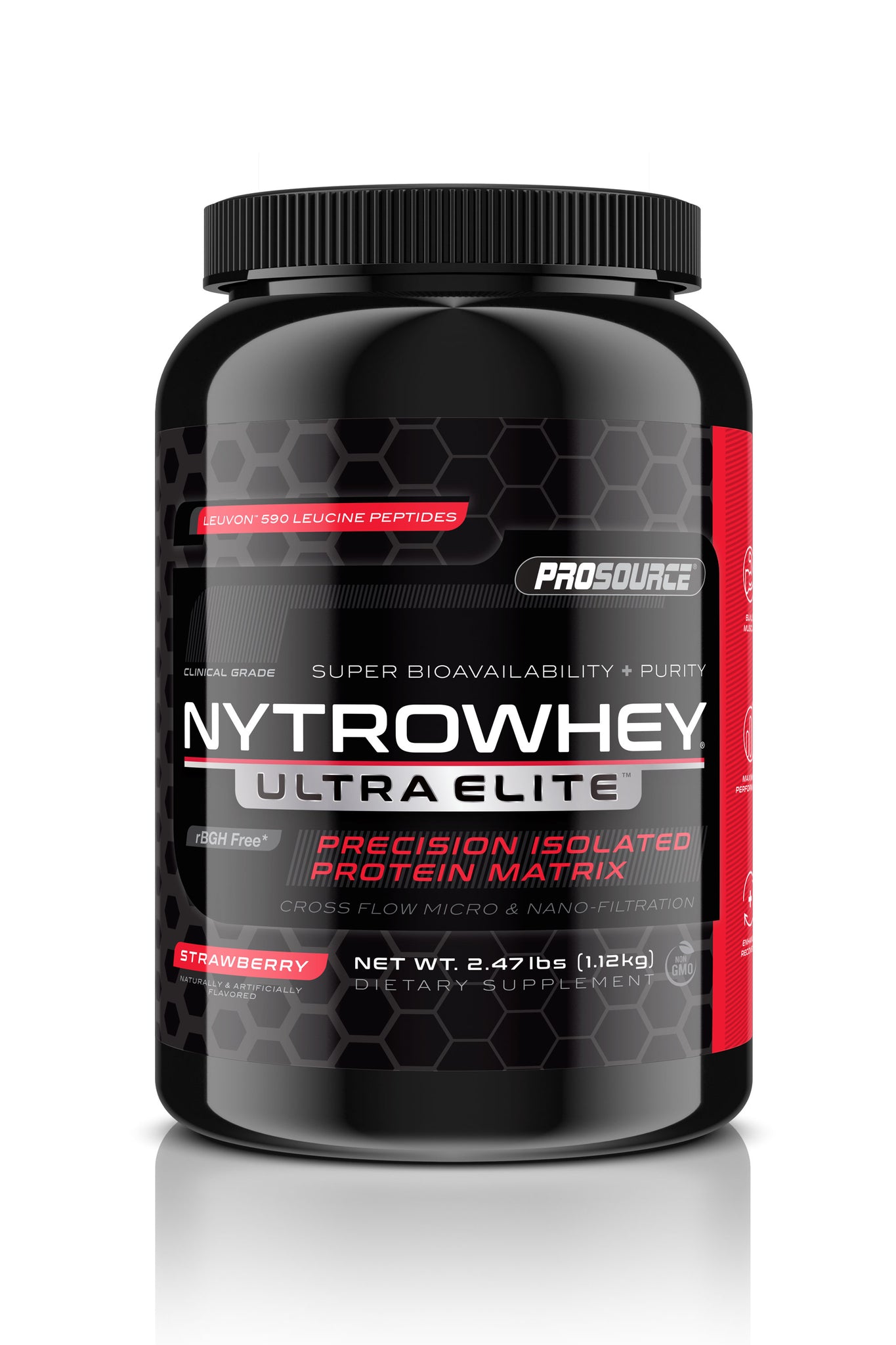 super bioavailability and purity cross flow micro and nano filtration prosource NytroWhey Ultra Elite precision isolated protein matrix leuvon 590 leucine peptides rBGH free net weight 2.47 lbs strawberry